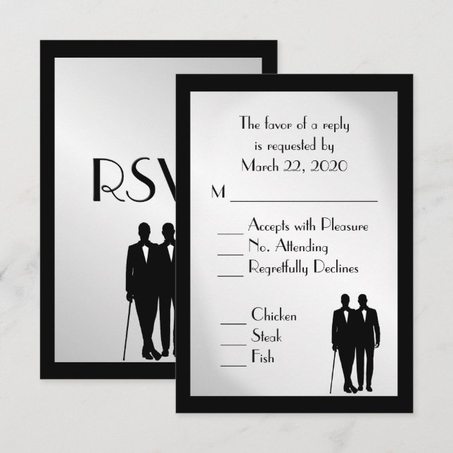 Groom and Groom Menu Wedding RSVP Silver Karte (Vorne/Hinten)