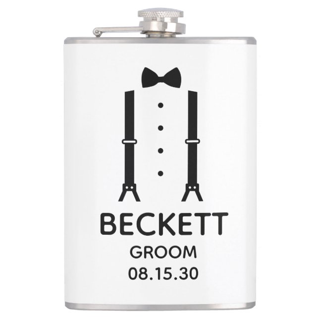 Groom Black Bow Krawatte Flachmann (Vorderseite)