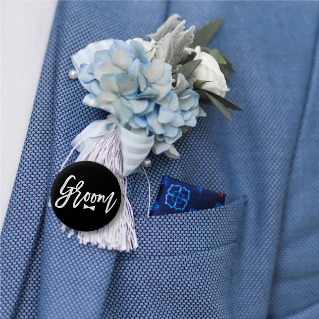 Groom Bow Tie White Script Bridal Party Wedding Button ('Groom' Bow Tie White Brush Script Calligraphy Wedding Rehearsal Pin Button @ fatfatin_blue_knot)