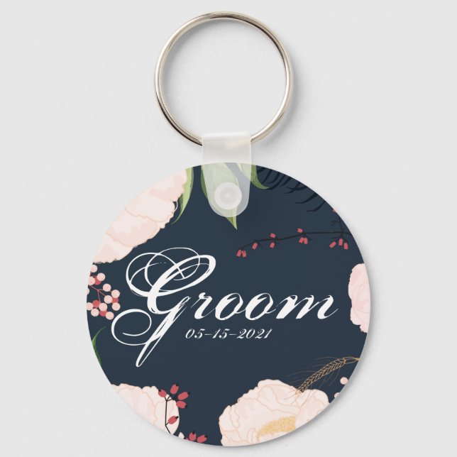 Groom Key Chain Baby Pink Cosmos auf Navy Schlüsselanhänger (Vorderseite)