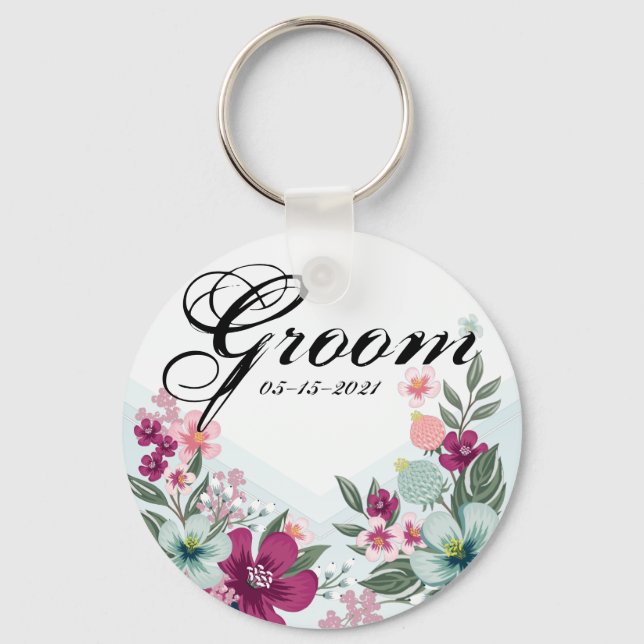 Groom Key Chain Tropical Blume auf Blue Ombre Schlüsselanhänger (Vorderseite)