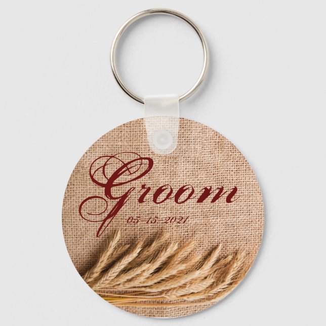 Groom Key Chain Wheat on Burlap Sack Country Rusti Schlüsselanhänger (Vorderseite)