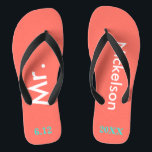 Groom Mr Coral Flip Flops<br><div class="desc">Helle Koralle mit Herrn und Nachname geschrieben in weißem Text und Datum der Hochzeit in türkisblau, um mit schwarzen Akzenten personalisieren. Strand Ziel oder Flitterwochen Flip Flops für den neuen Bräutigam. Originale Entwürfe von TamiraZDesign.</div>