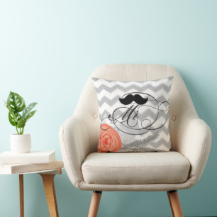 Groom Mustache Herr Coral Gray Zig Zag Floral Kissen