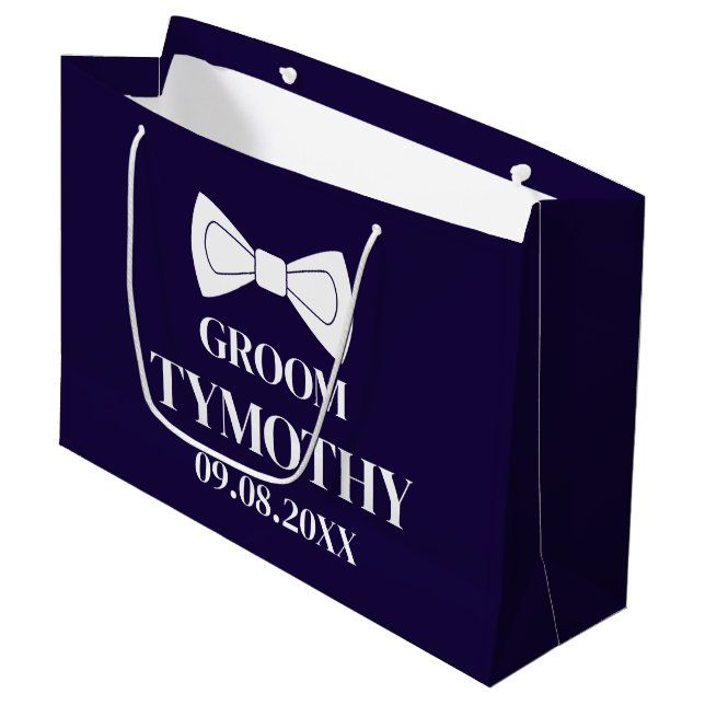 Groom Navy Blue Elegant Moderne Namensgeschenke Ho Große Geschenktüte (Vorderseite Schrägansicht)