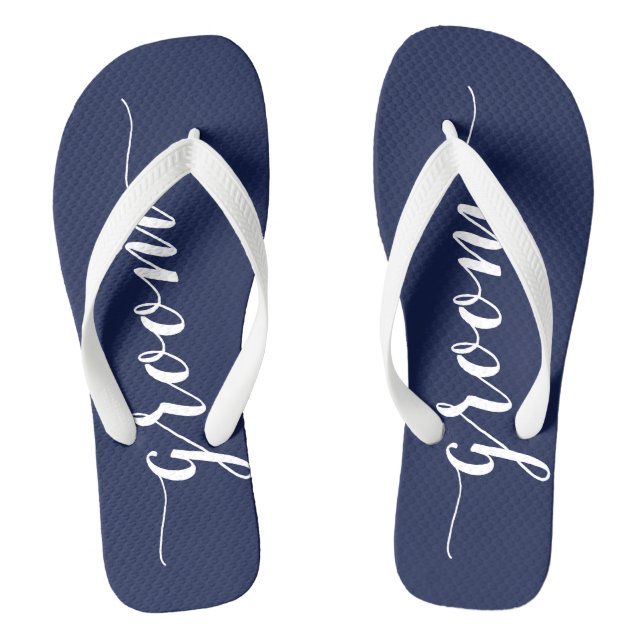 Groom Navy Blue Wedding Party Flip Flops breit (Fußbett)
