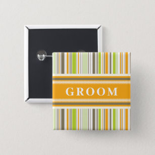 GROOM Retro Orange Green Stripes Hochzeitsnamenmar Button