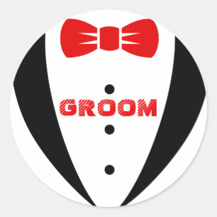 Groom Tex-Black Tuxedo & Red Bowtie Runder Aufkleber