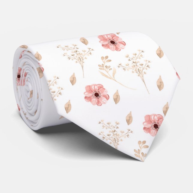 Groom Watercolor Pink Floral Wedding Neck Tie Krawatte (Gerollt)