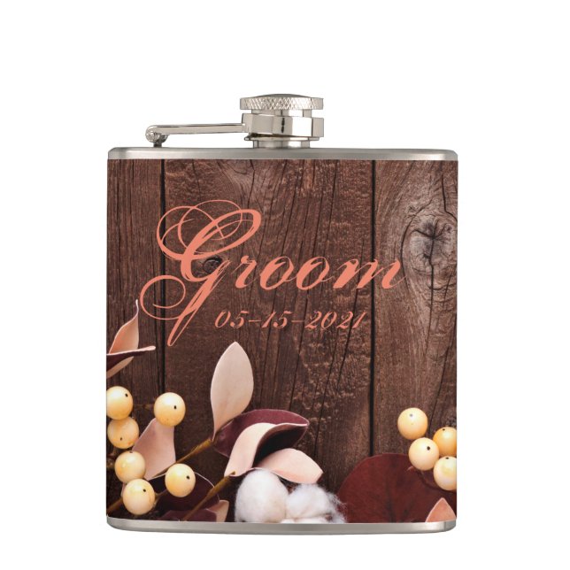 Groom Whiskey Flask Cotton Branch auf Dunkelholz S Flachmann (Vorderseite)