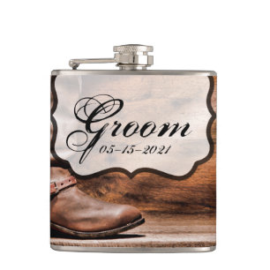 Groom Whiskey Flask Cowboy Boots Barn Holz Rustika Flachmann