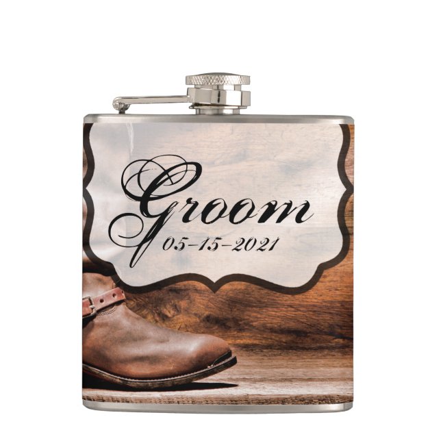 Groom Whiskey Flask Cowboy Boots Barn Holz Rustika Flachmann (Vorderseite)