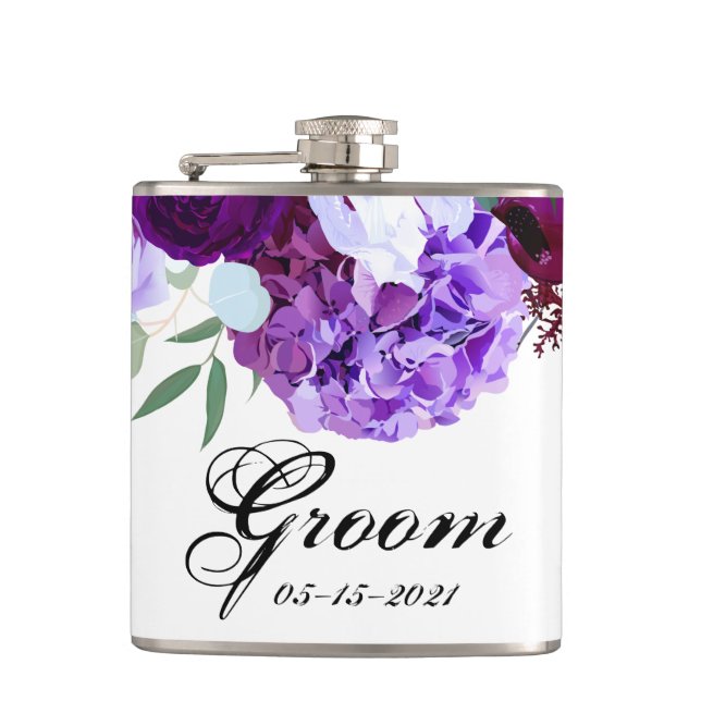 Groom Whiskey Flask Lavender Hibiskus auf Weiß Flachmann (Vorderseite)