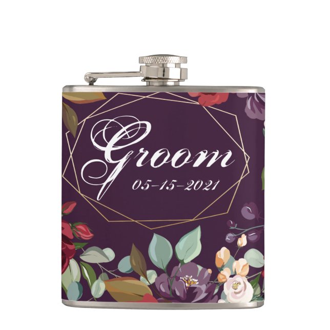 Groom Whiskey Flask Plum Lila Rose Goldene Geometr Flachmann (Vorderseite)
