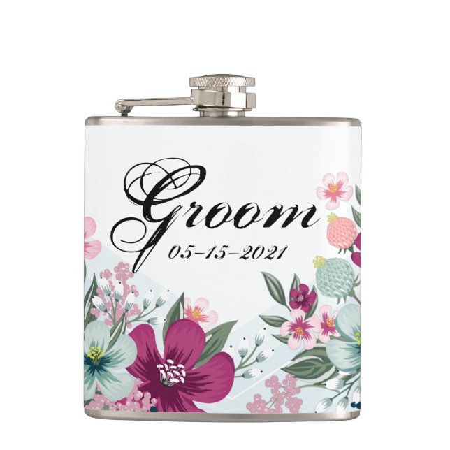 Groom Whiskey Flask Tropische Blume auf Blue Ombre Flachmann (Vorderseite)