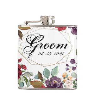 Groom Whiskey Flask White Roses Gold Geometric Flachmann