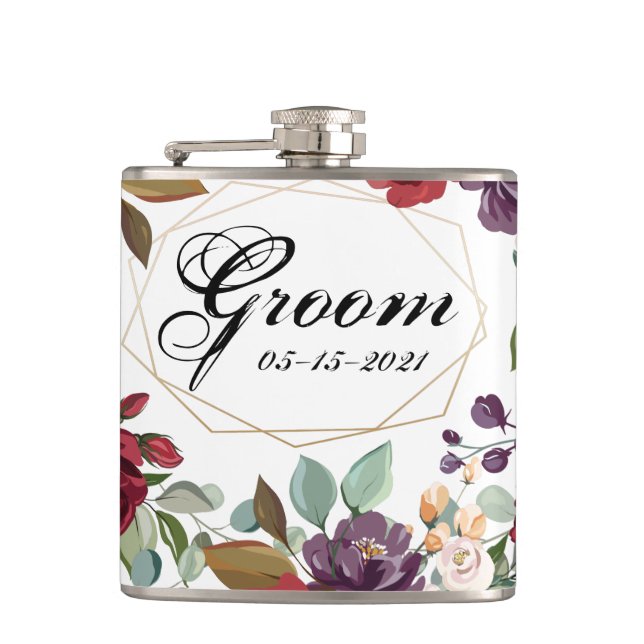 Groom Whiskey Flask White Roses Gold Geometric Flachmann (Vorderseite)