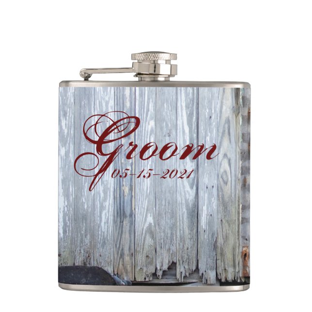 Groom Whiskey Flask White Wash Holz Barn Dose Coun Flachmann (Vorderseite)