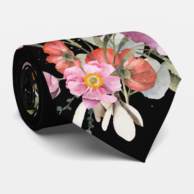 Grooms Pink Wedding Floral Bouquet auf schwarz Krawatte (Gerollt)