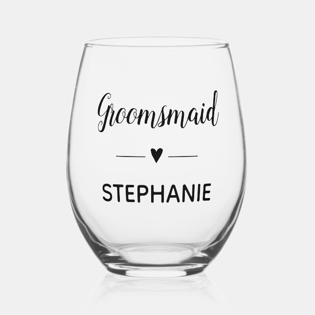 Groomsmaid Black Script mit Name Wedding Weinglas Ohne Stiel (Vorderseite)