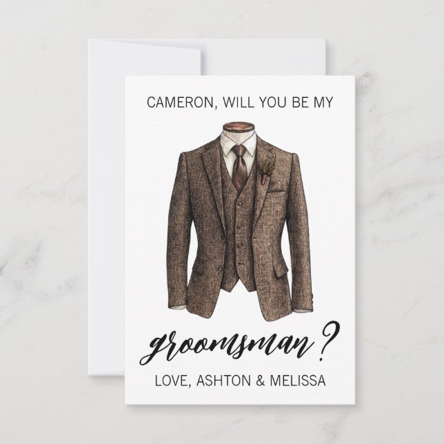 Groomsman Proposal Card, Brown Tweed Suit Jacket Einladung (Vorderseite)