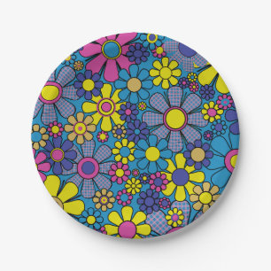 Groovige farbenfrohe Retro-Maximalist-Floral 60er Pappteller