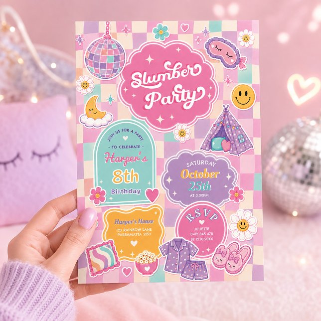 Groovige Pyjamaparty Schachbrett Regenbogen Geburt Einladung (Von Creator hochgeladen)