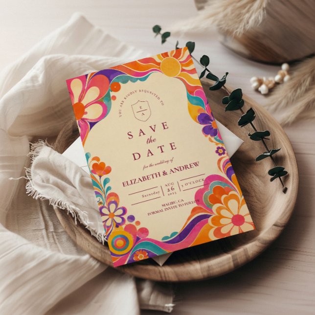 Groovige Retro-60er-Hochzeit Save The Date (Von Creator hochgeladen)