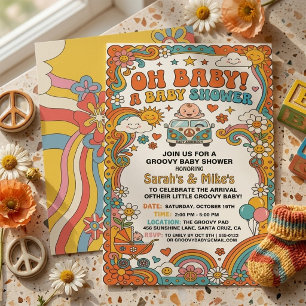 Groovige Retro 70er Hippie Daisy Bus Baby Shower Einladung