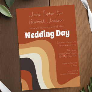 Groovige Retro-70er-Wellen-Braun-Orange-Hochzeit Einladung