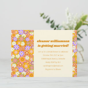 Groovige Retro-Orangen-Lila-Blumen-Hochzeitsdusche Einladung