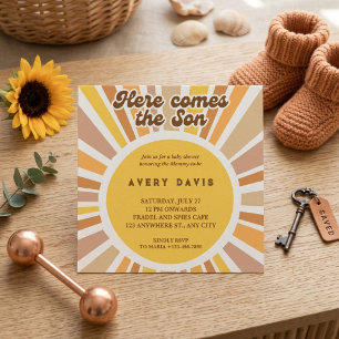 Groovige Retro-Sonnenexplosion Gelb Orange Baby Sh Einladung