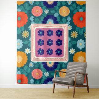 Groovige Sonnenblumen und botanische Blüten Wandteppich