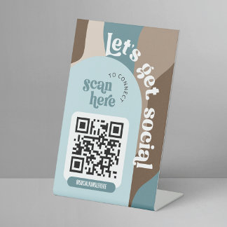 Grooviges Beige & Türkis Trendy Social Media QR Co Sockelschild