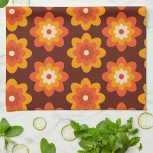 Grooviges Retro-70er-Boho-Hippie-Orangen-Blumenmus Geschirrtuch