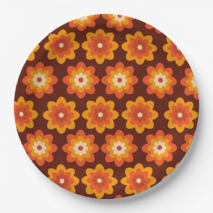 Grooviges Retro-70er-Boho-Hippie-Orangen-Blumenmus Pappteller