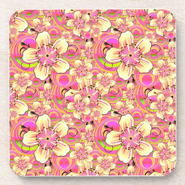 grooviges rosa Blumenmuster Getränkeuntersetzer (Vorderseite)