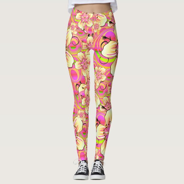 grooviges rosa Blumenmuster Leggings (Vorderseite)