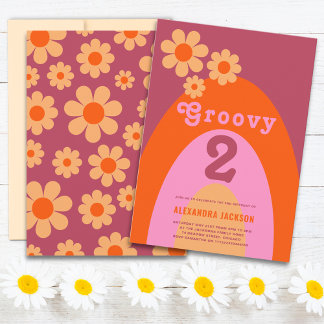 Groovy 2 Arch Retro Floral 2. Geburtstag Party Einladung