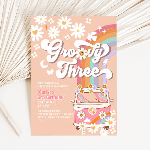 Groovy 3. Geburtstag Pinke Daisy Regenbogen Hippie Einladung