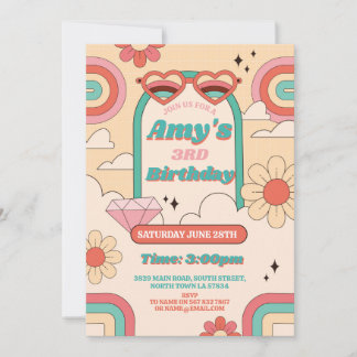 Groovy 3rd Pink Girls Retro Vintages Party der 70e Einladung