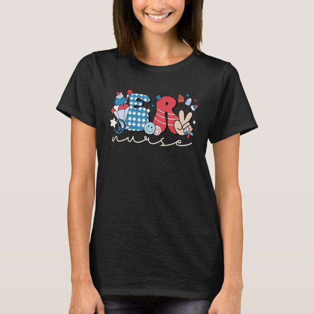 Groovy 4th of July ER Nurse Patriotic Emergency Ro T-Shirt (Vorderseite)