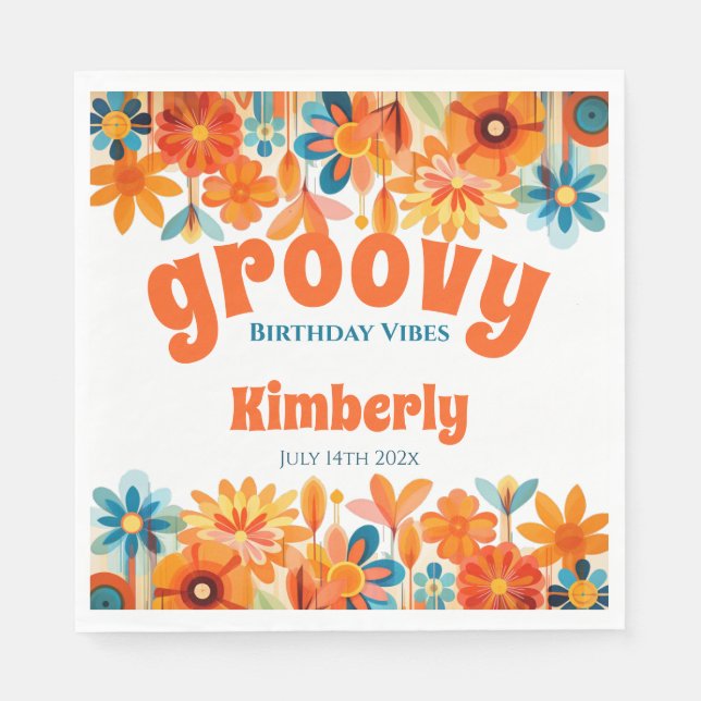 Groovy 60's Vibe Floral Retro Geburtstag Serviette (Vorderseite)