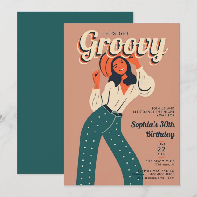 Groovy 70er Dance Party Retro 30. Geburtstag Einladung (Vorne/Hinten)