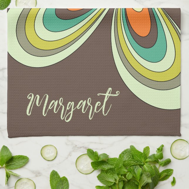 Groovy 70er Hippie Blume Brown Retro Daisy Name Geschirrtuch (Gefaltet)