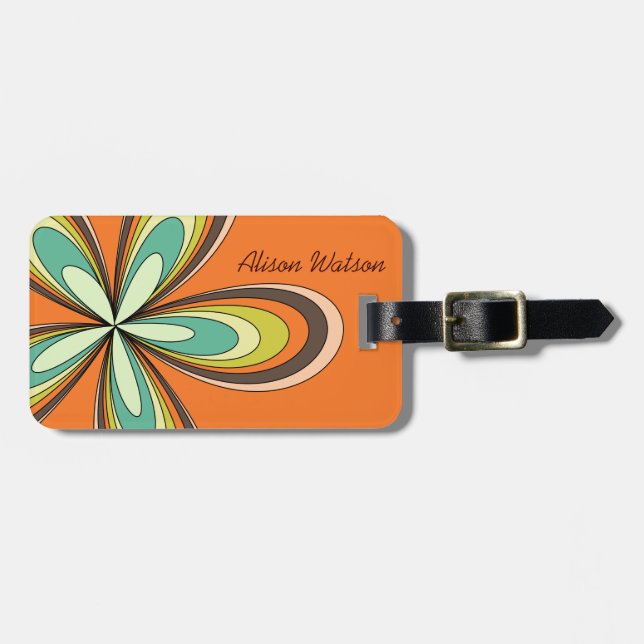 Groovy 70er Hippie Blume Orange Retro Daisy Name Gepäckanhänger (Vorderseite horizontal)