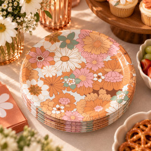 Groovy 70er Hippie Blumen Baby Shower Papier Telle Pappteller