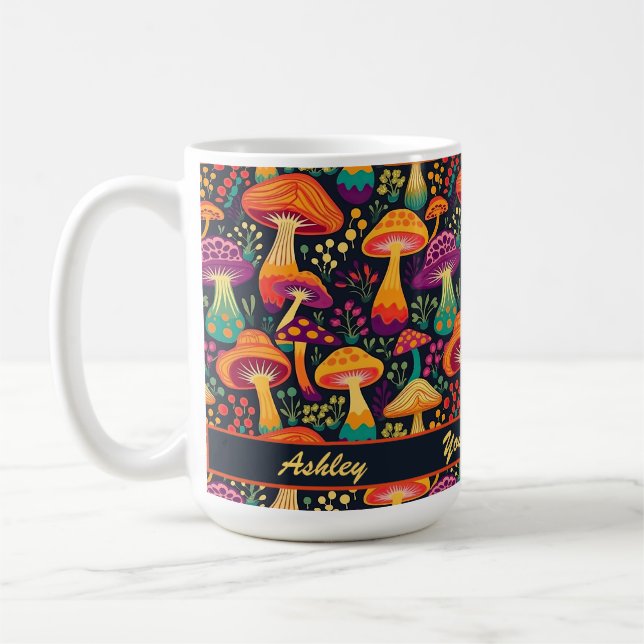 Groovy 70er Mushrooms Pattern Personalisiert Kaffeetasse (Links)