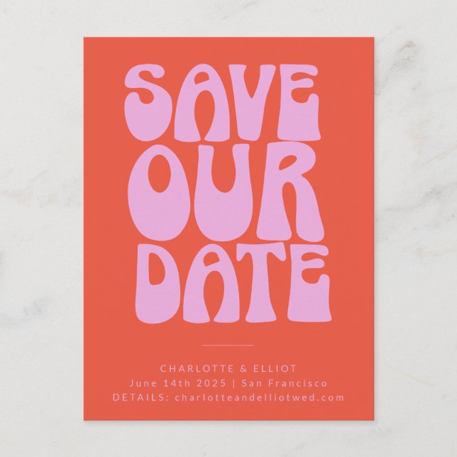 Groovy 70er Pink Orange Simple Save the Date Postkarte (Vorderseite)