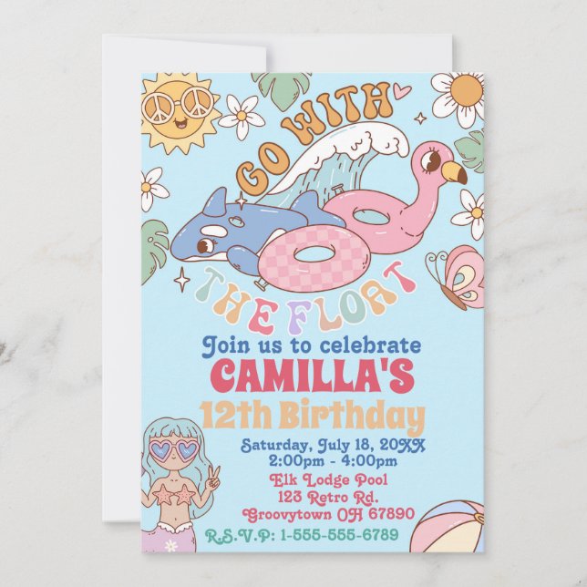 Groovy 70er Pool Party Geburtstagseinladung Einladung (Vorderseite)